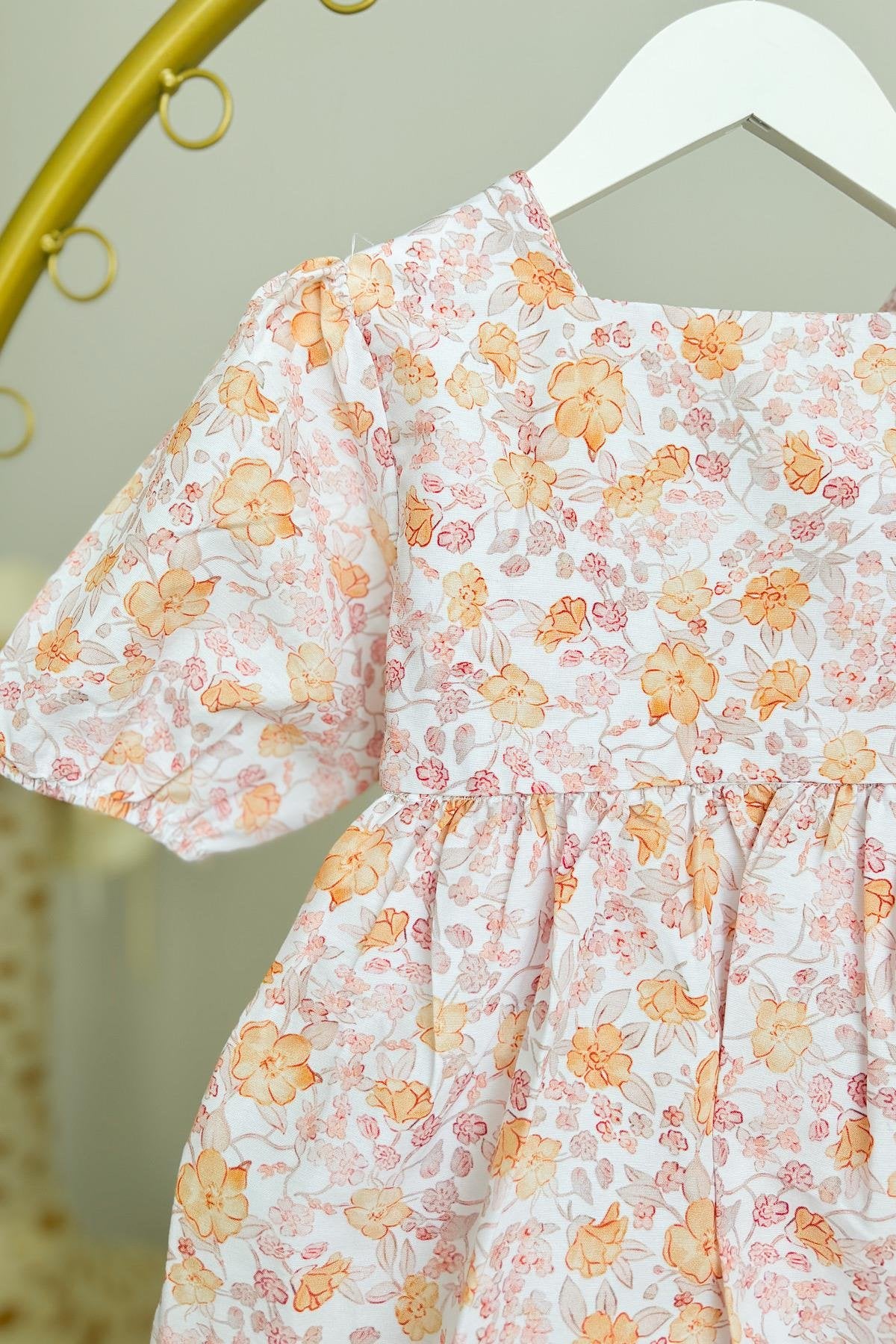 Kız Çocuk Somon Çiçekli Balon Elbise