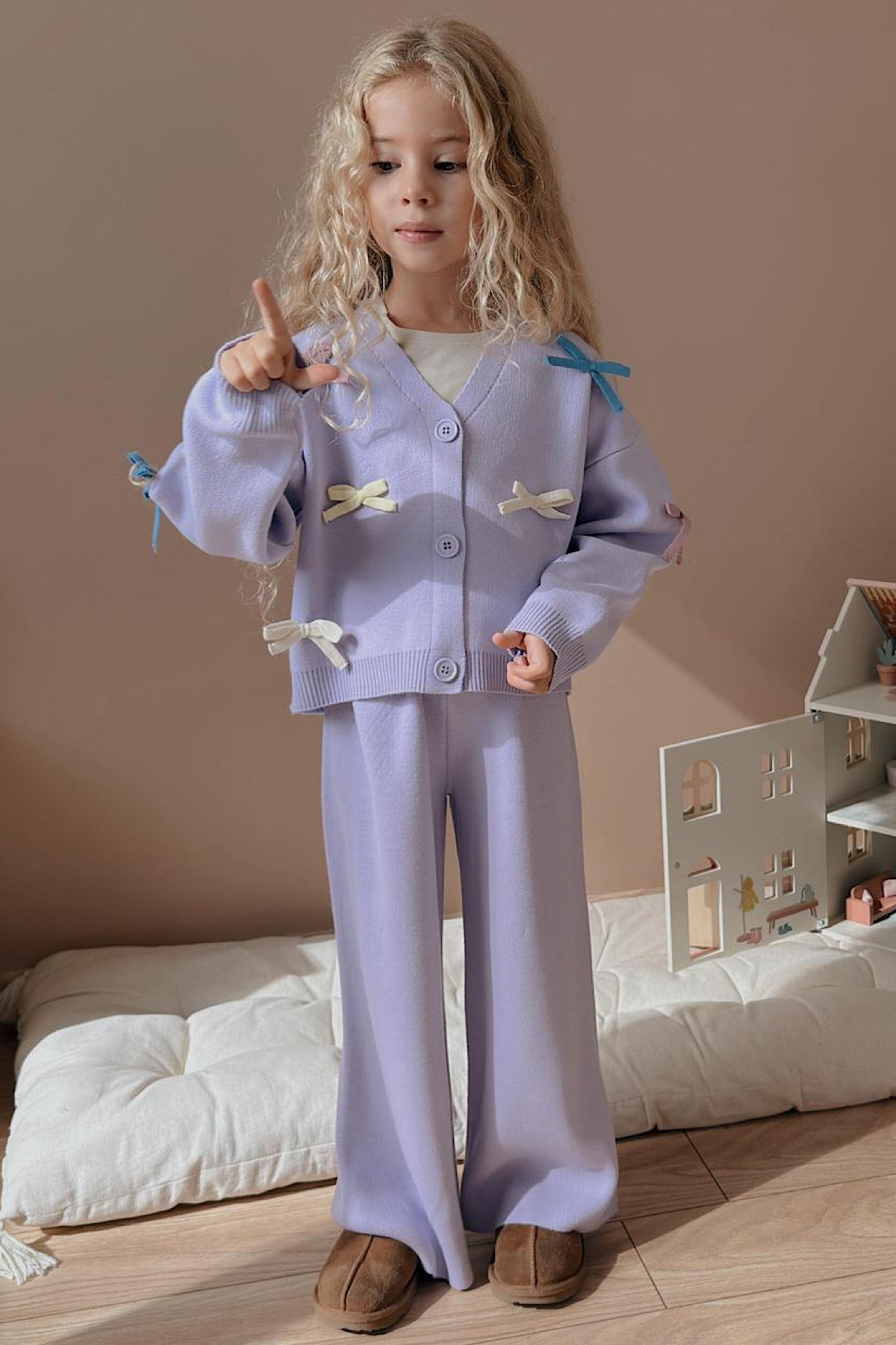 Kız Çocuk Kurdele Detay Triko Takım