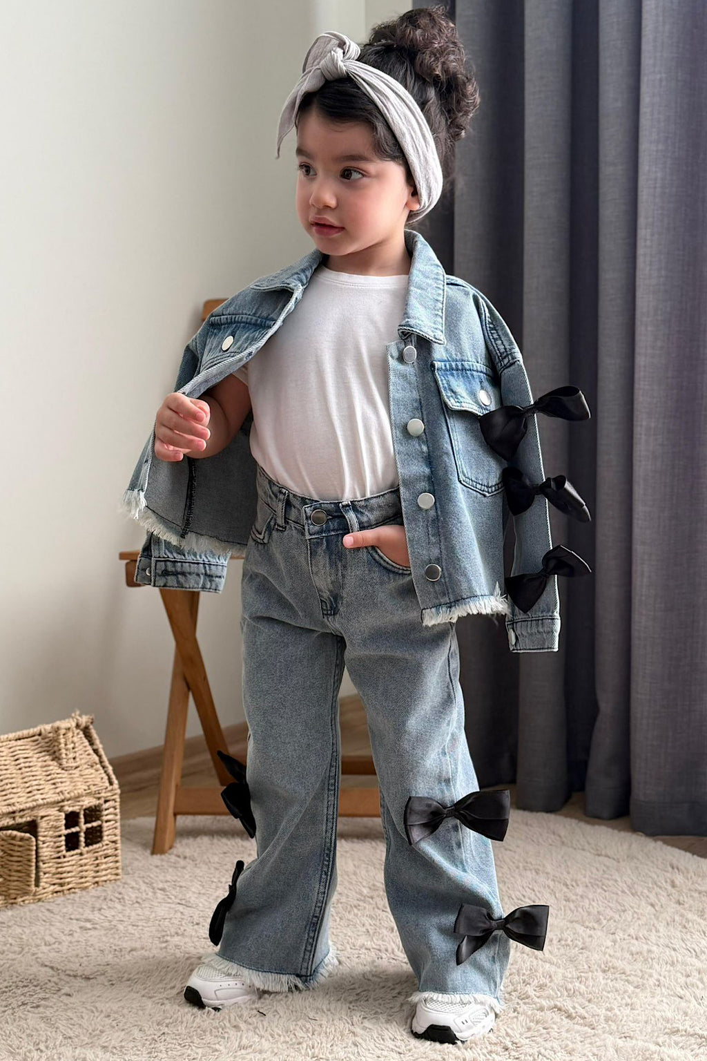 Kız Çocuk Kurdele Detay Kot Takım