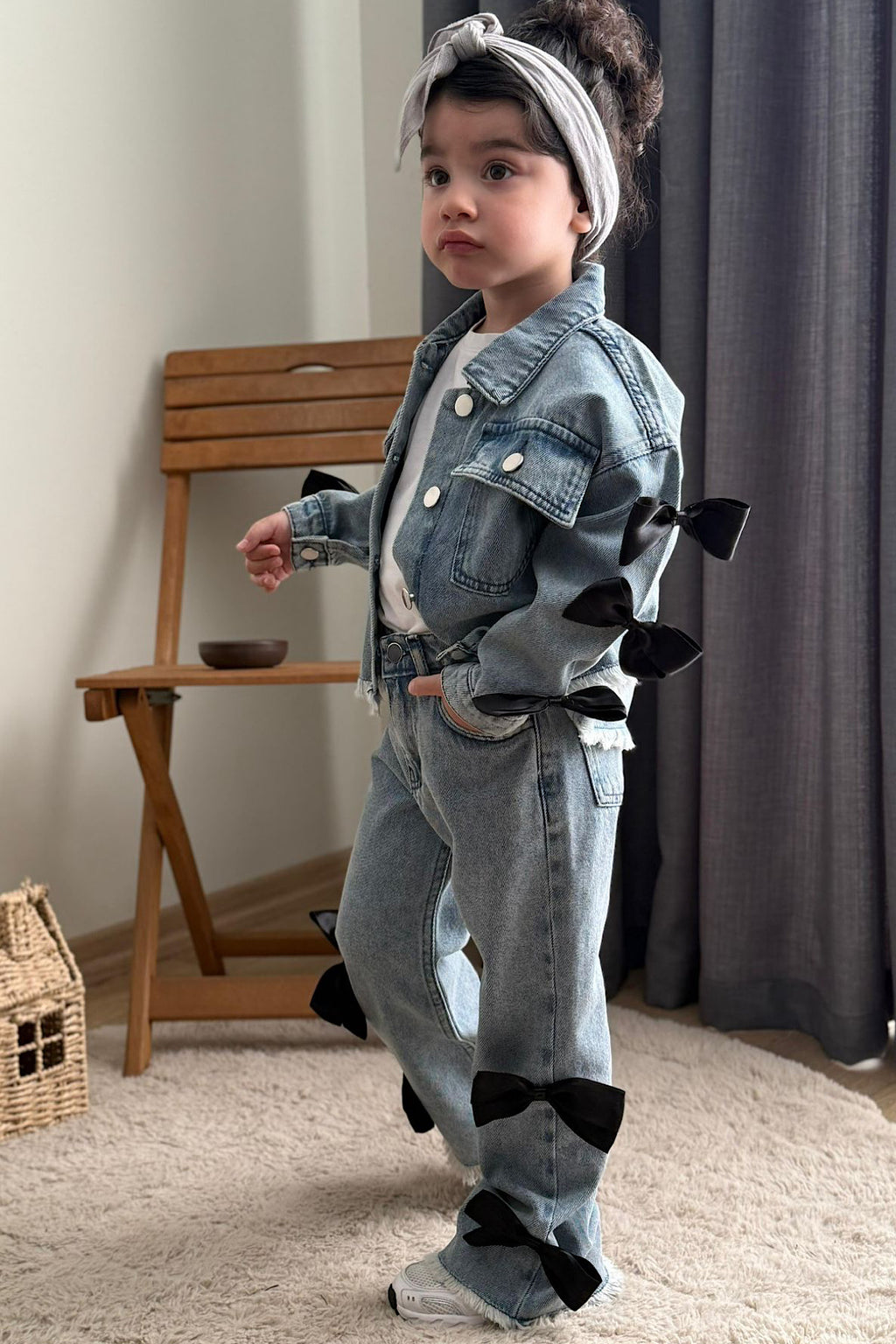 Kız Çocuk Kurdele Detay Kot Takım