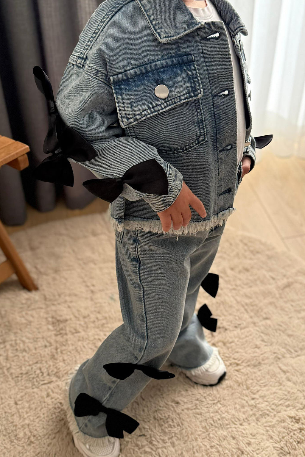 Kız Çocuk Kurdele Detay Kot Takım