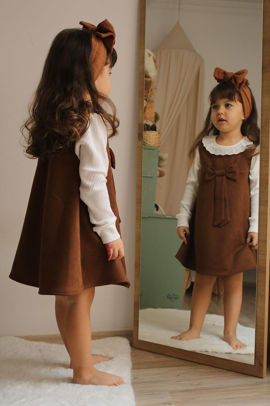 Kız Çocuk Kahve Fiyonk Elbise