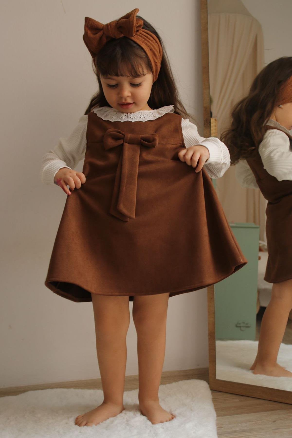 Kız Çocuk Kahve Fiyonk Elbise