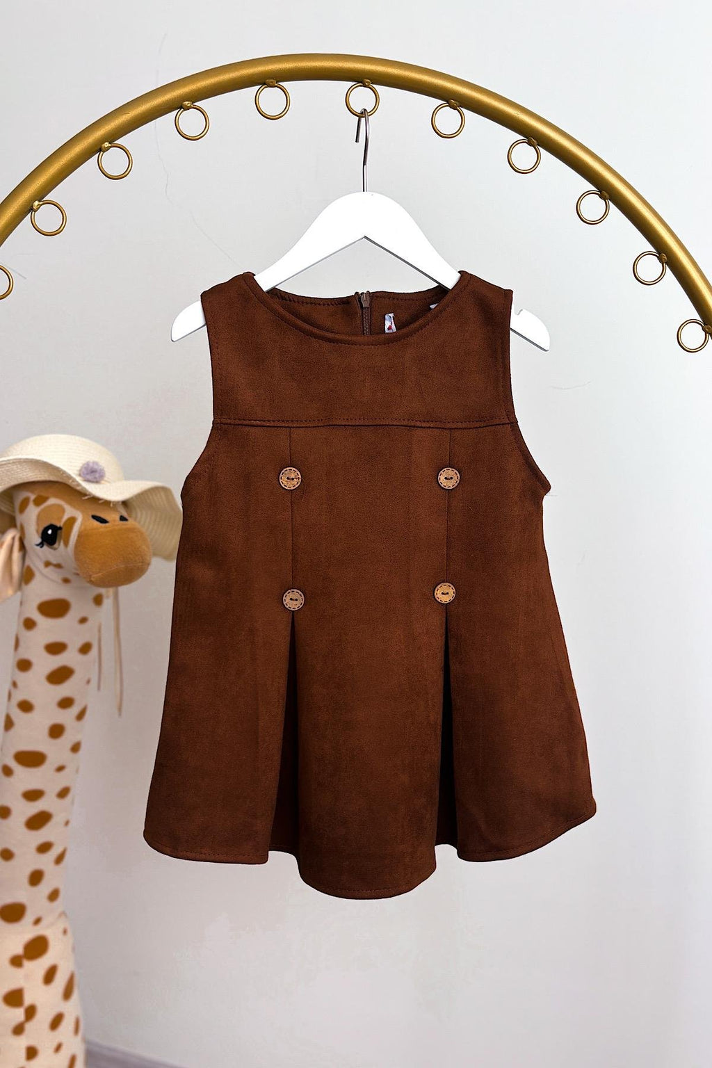 Kız Çocuk Kahve Düğme Detay Elbise