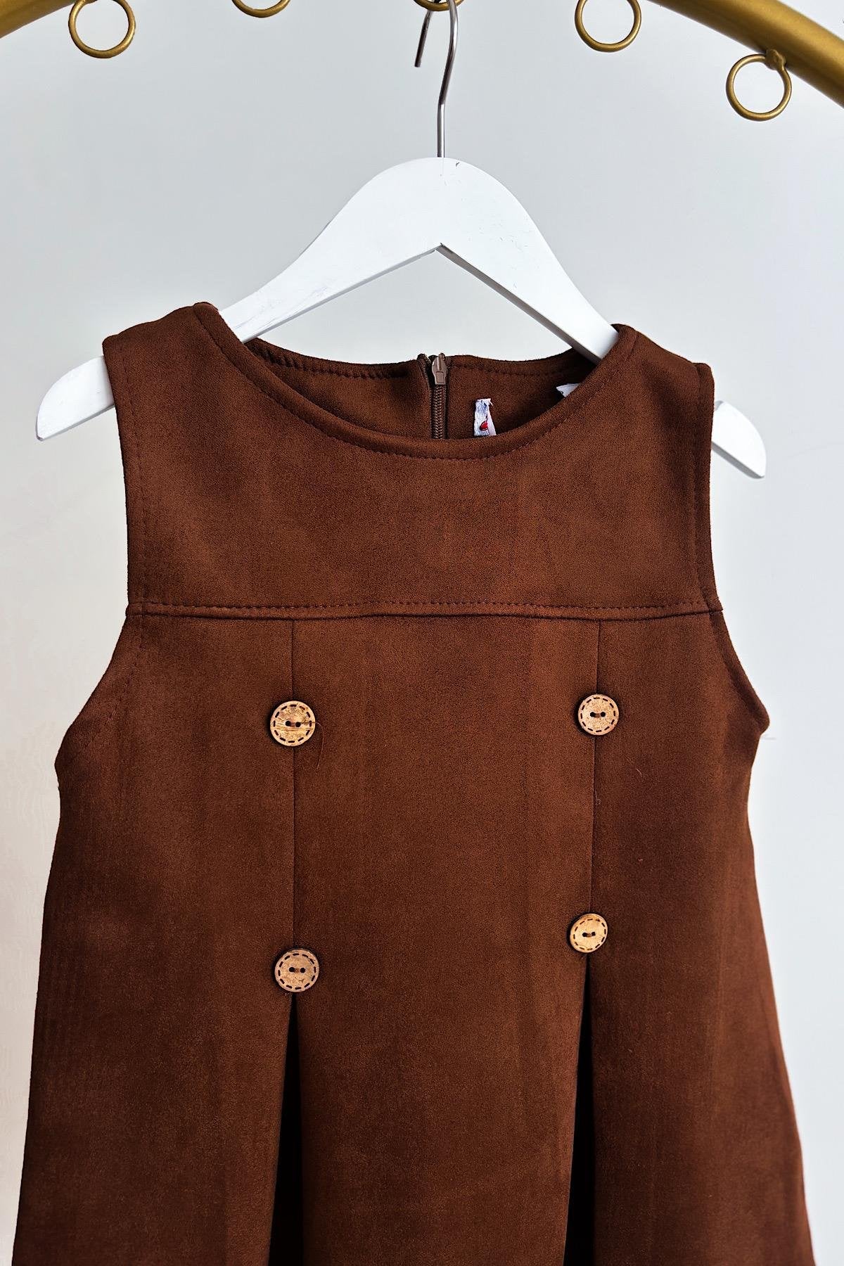 Kız Çocuk Kahve Düğme Detay Elbise