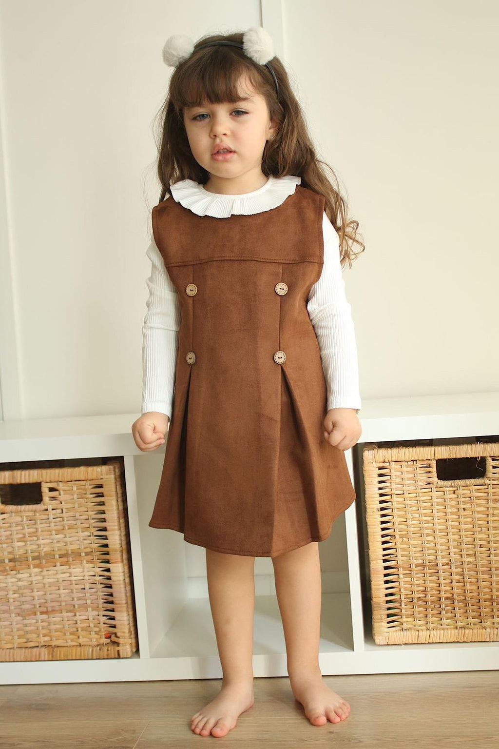 Kız Çocuk Kahve Düğme Detay Elbise