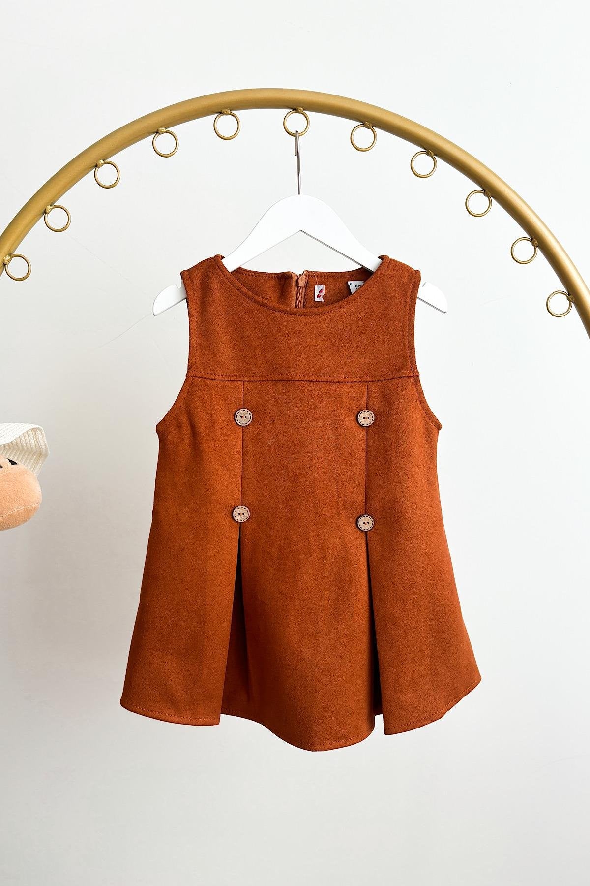 Kız Çocuk Kiremit Düğme Detay Elbise