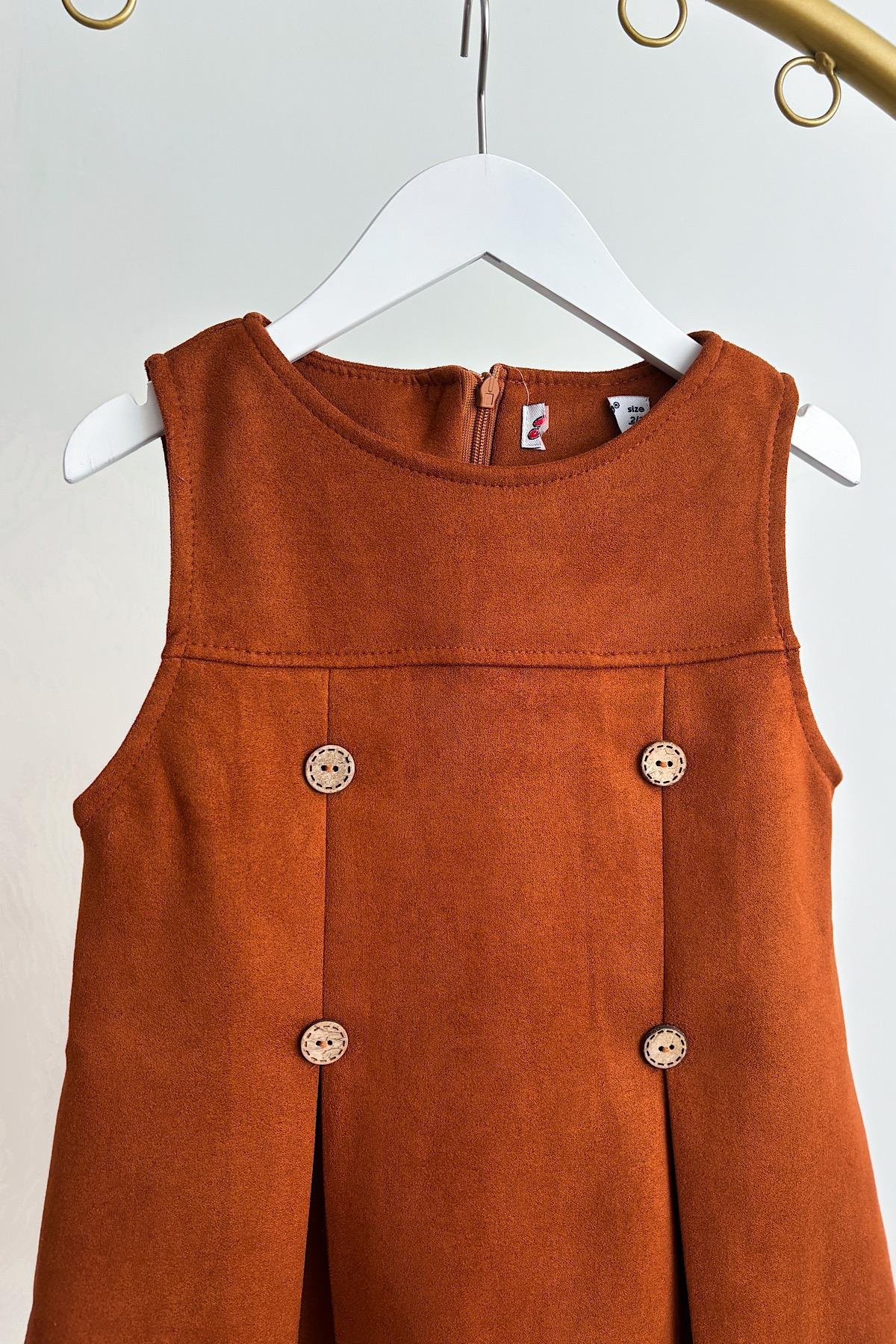 Kız Çocuk Kiremit Düğme Detay Elbise