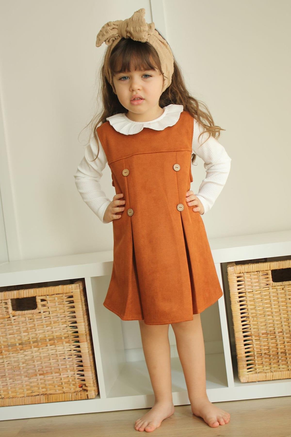 Kız Çocuk Kiremit Düğme Detay Elbise