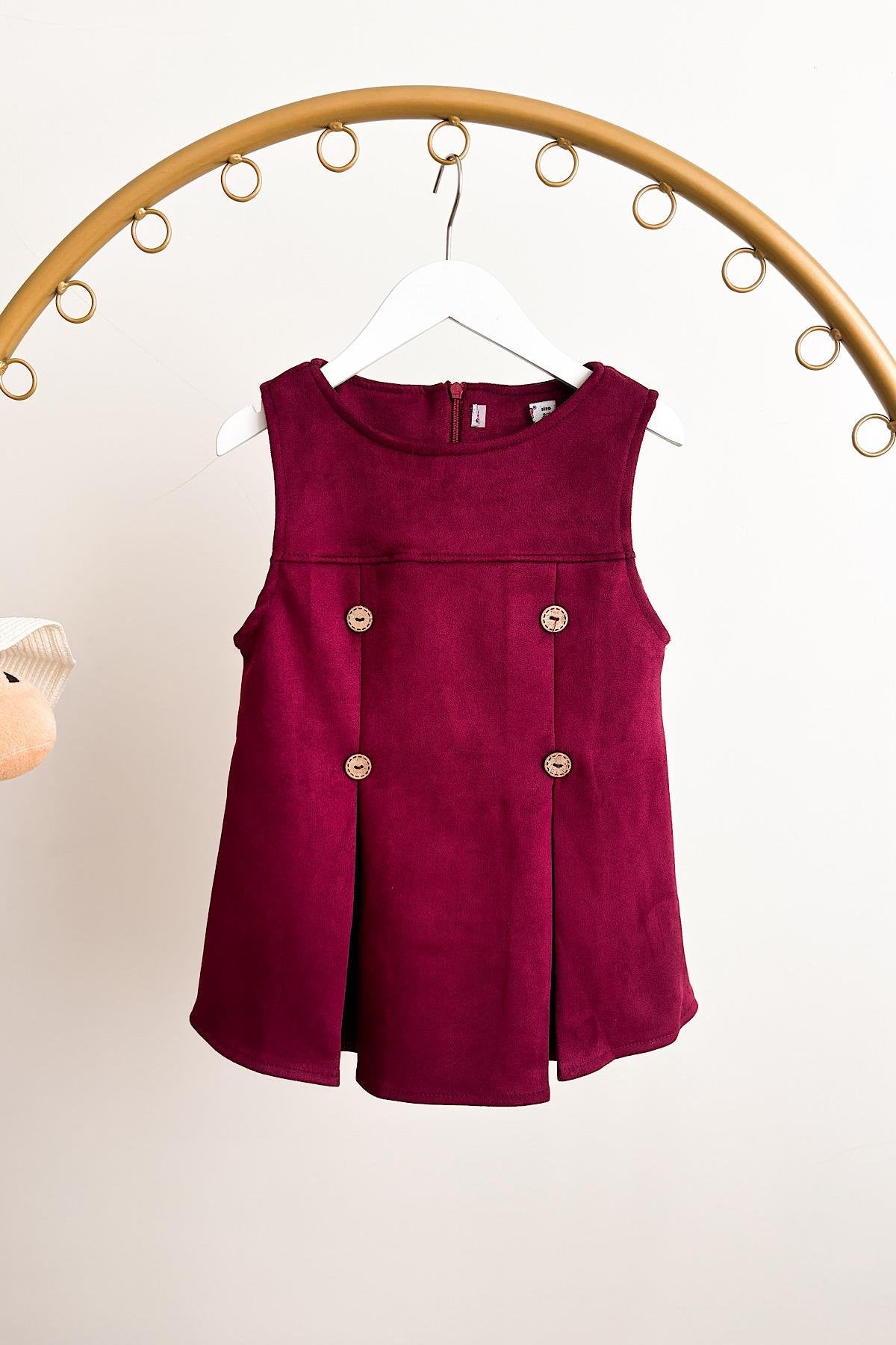 Kız Çocuk Vişne Düğme Detay Elbise