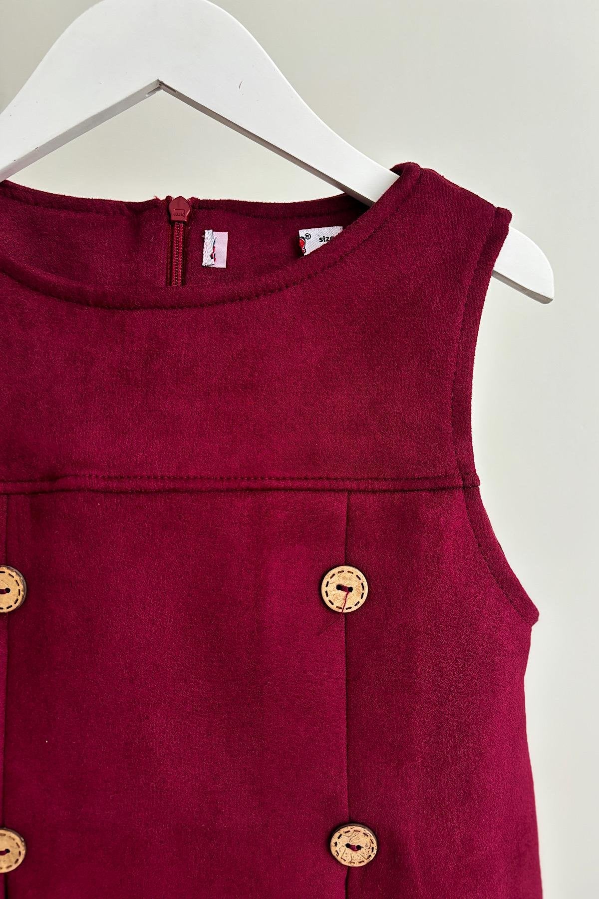 Kız Çocuk Vişne Düğme Detay Elbise