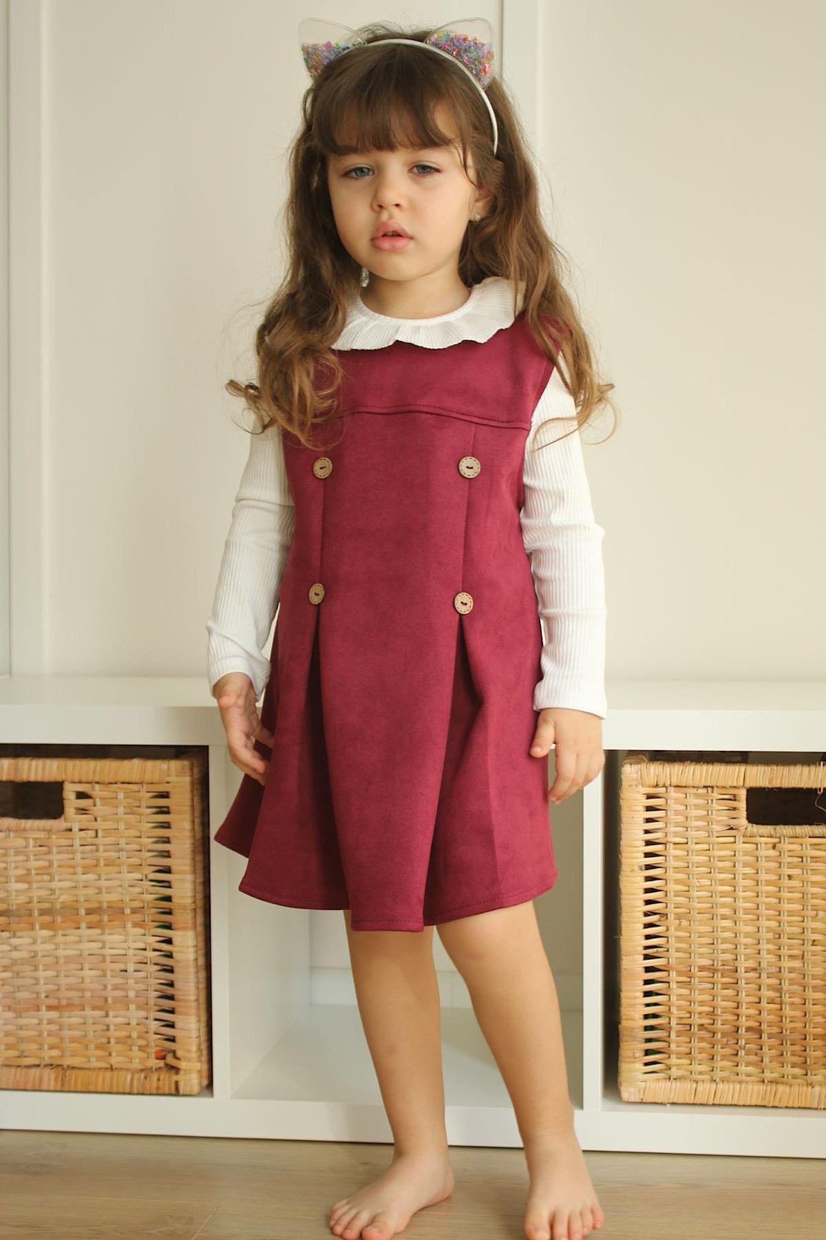 Kız Çocuk Vişne Düğme Detay Elbise