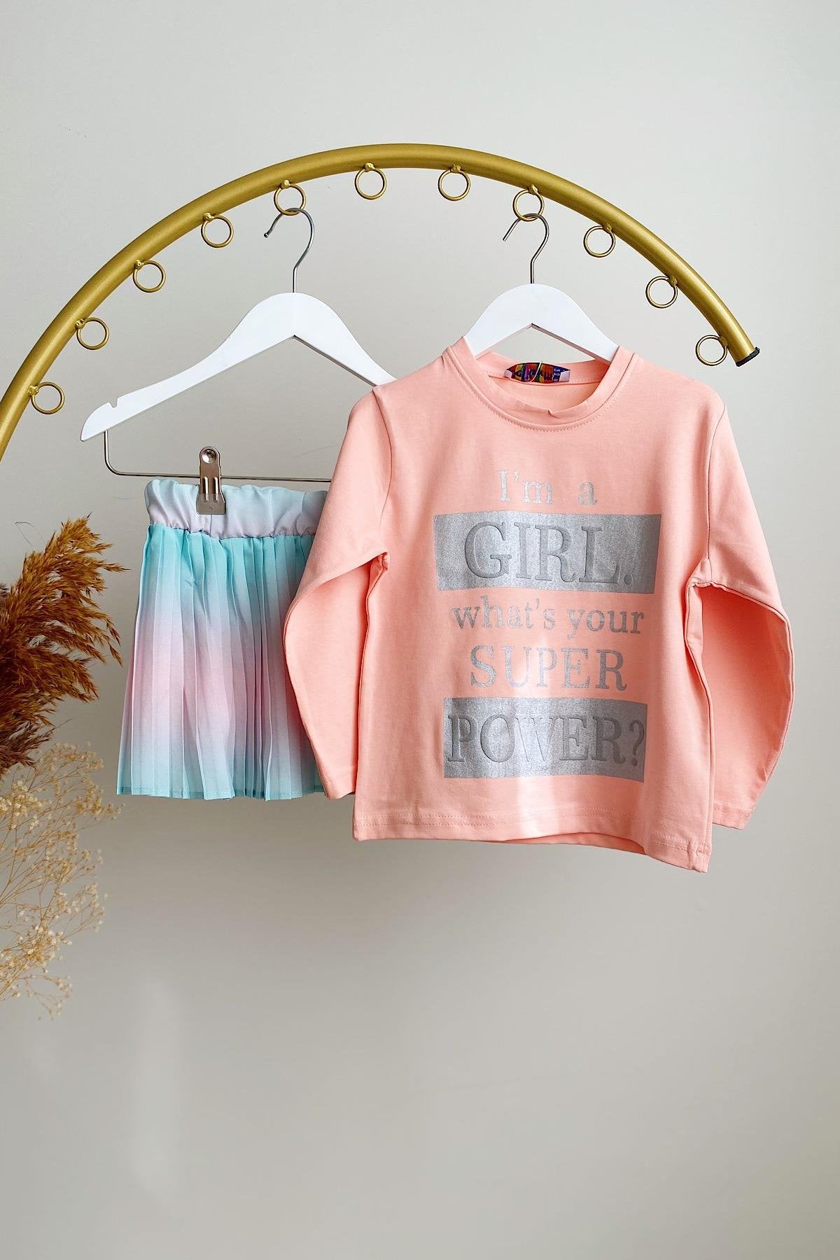 Kız Çocuk Renkli Pileli Etek Takım