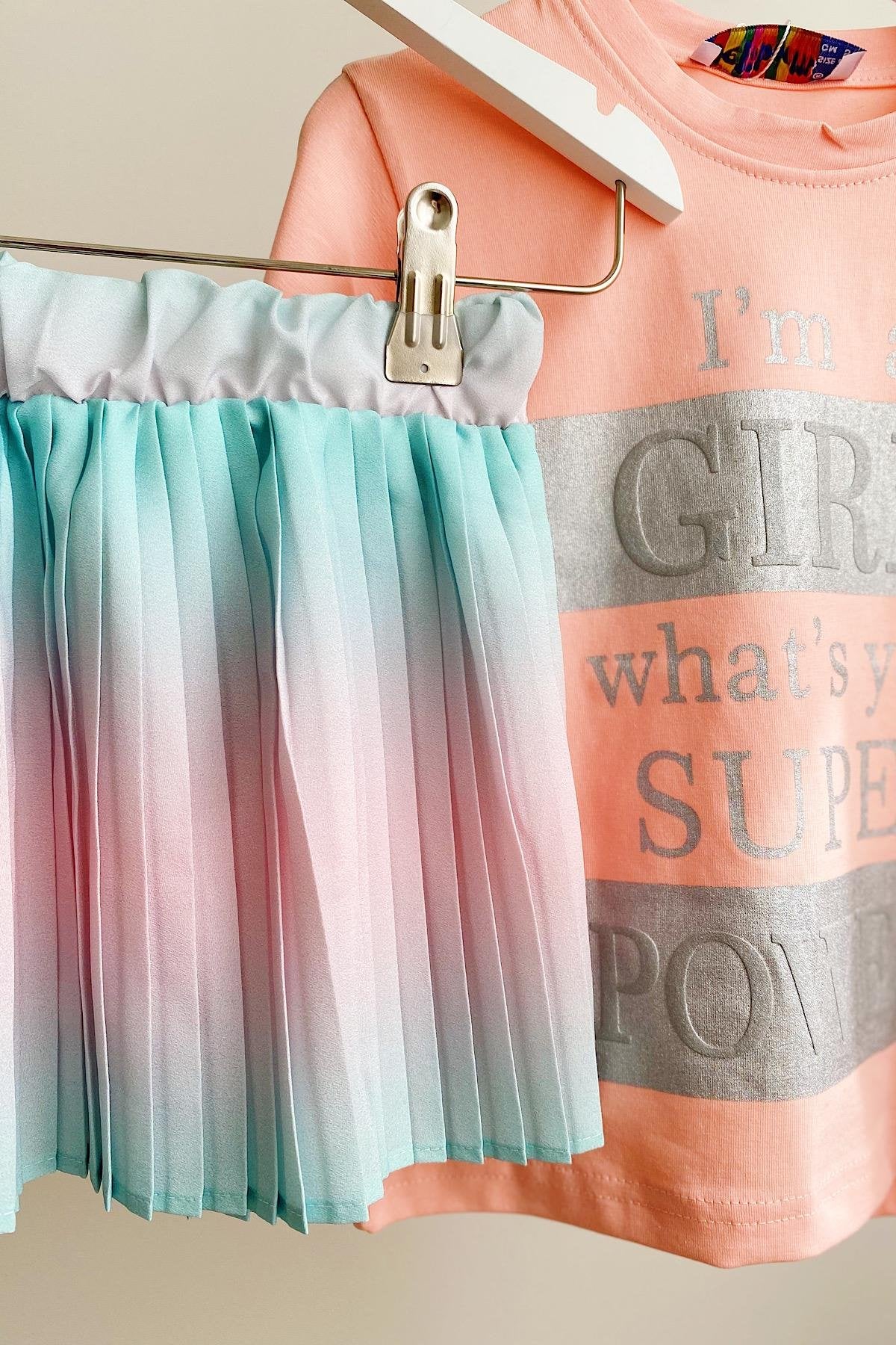 Kız Çocuk Renkli Pileli Etek Takım