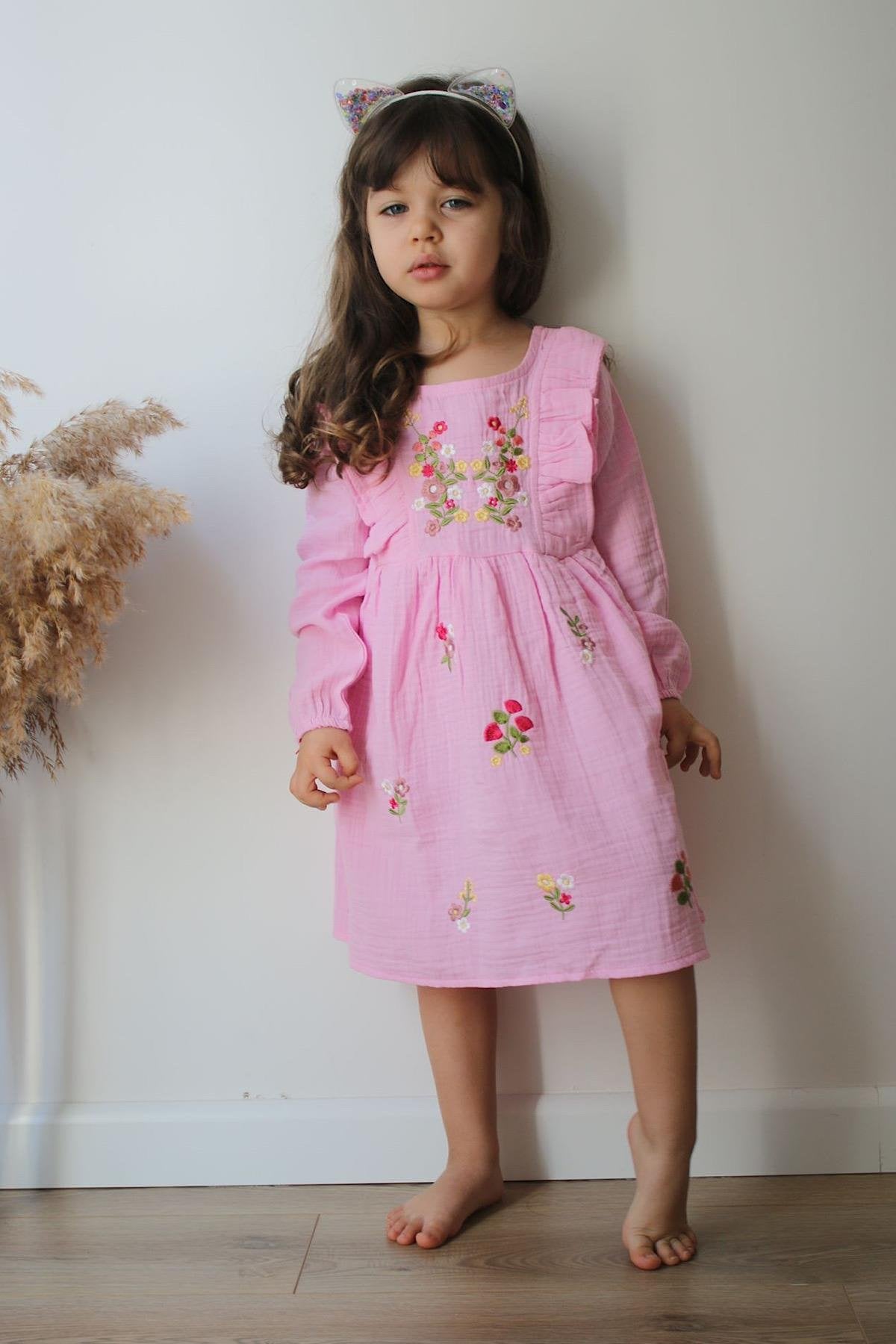 Kız Çocuk Çiçekli Müslin Elbise