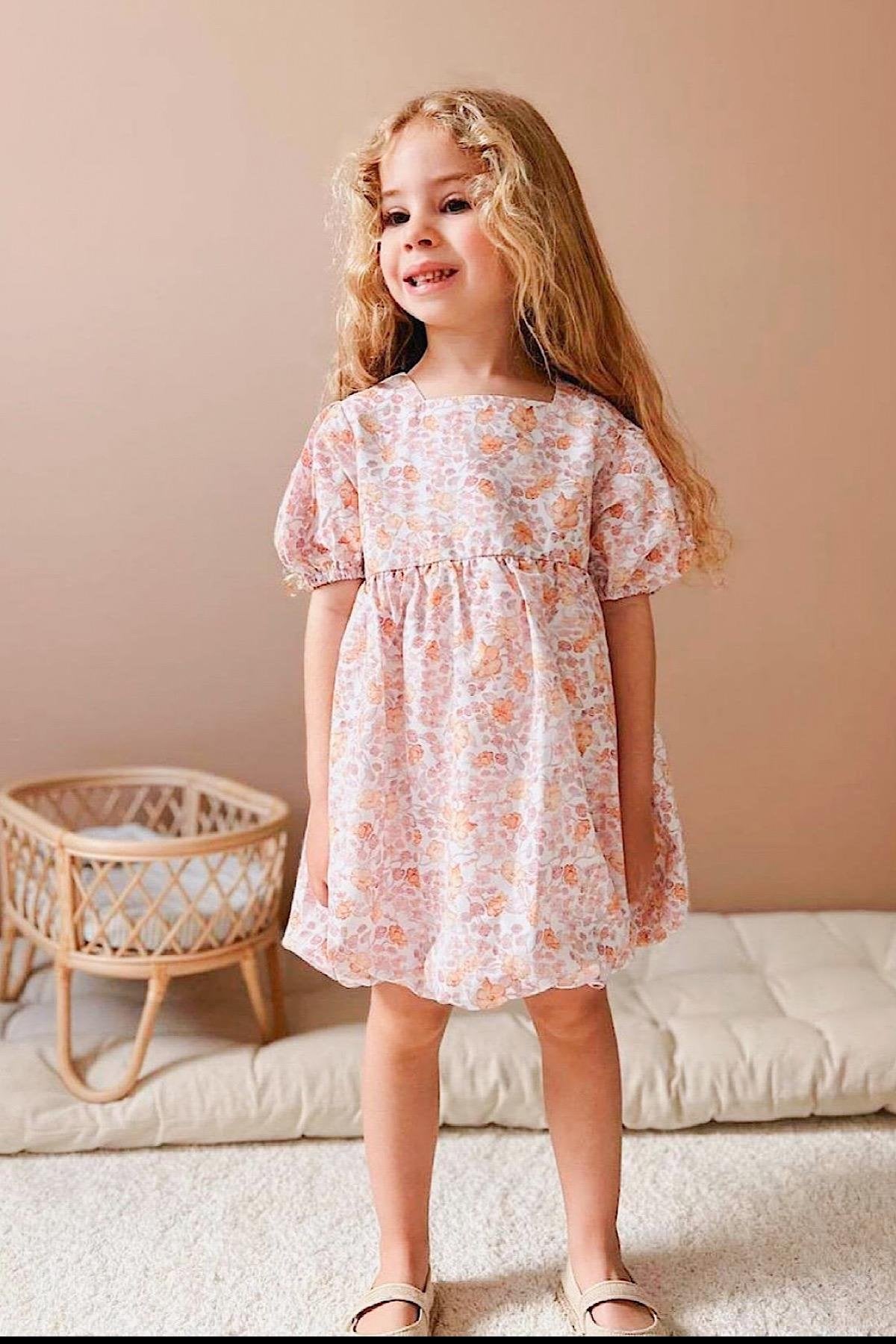 Kız Çocuk Somon Çiçekli Balon Elbise