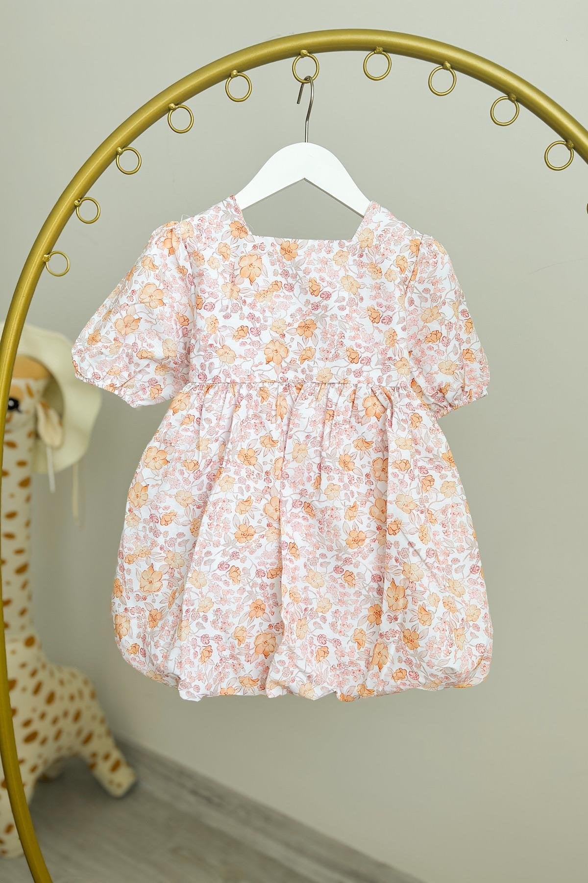 Kız Çocuk Somon Çiçekli Balon Elbise