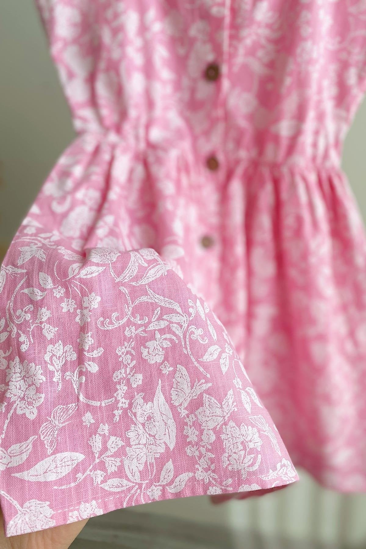 Kız Çocuk Çiçek Desenli Keten Elbise