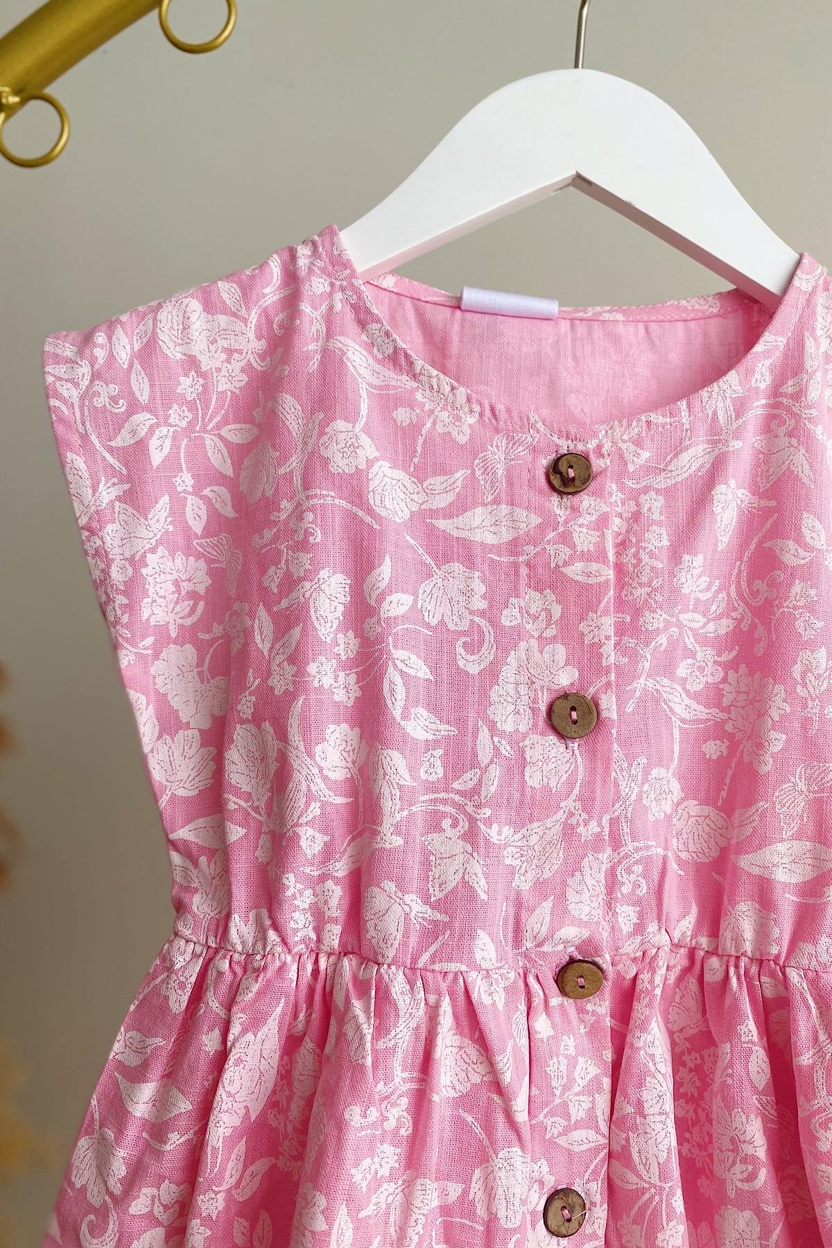 Kız Çocuk Çiçek Desenli Keten Elbise