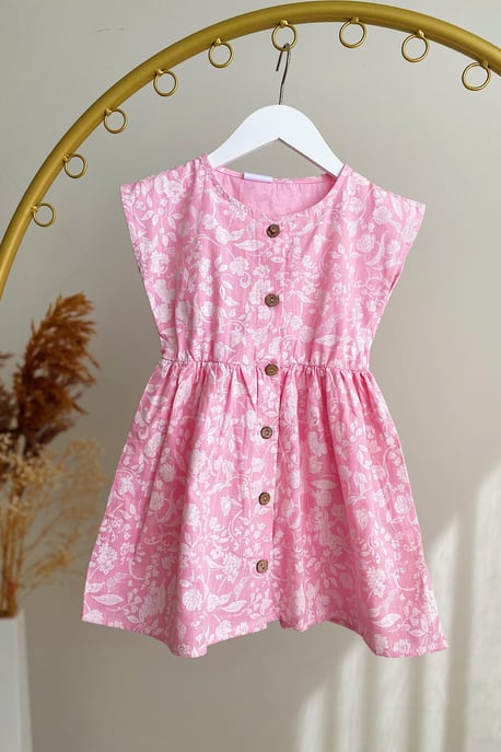 Kız Çocuk Çiçek Desenli Keten Elbise