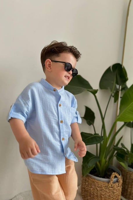 Erkek Çocuk Açık Mavi Müslin Takım