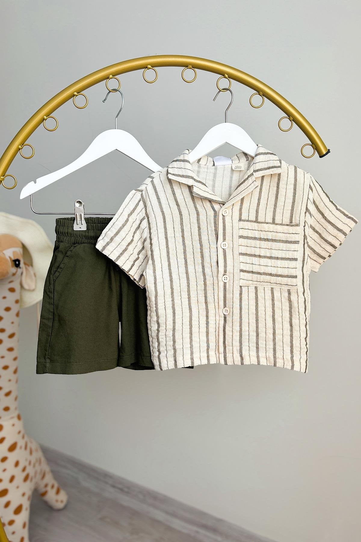 Erkek Çocuk Haki Gömlek Kot Şort Takım