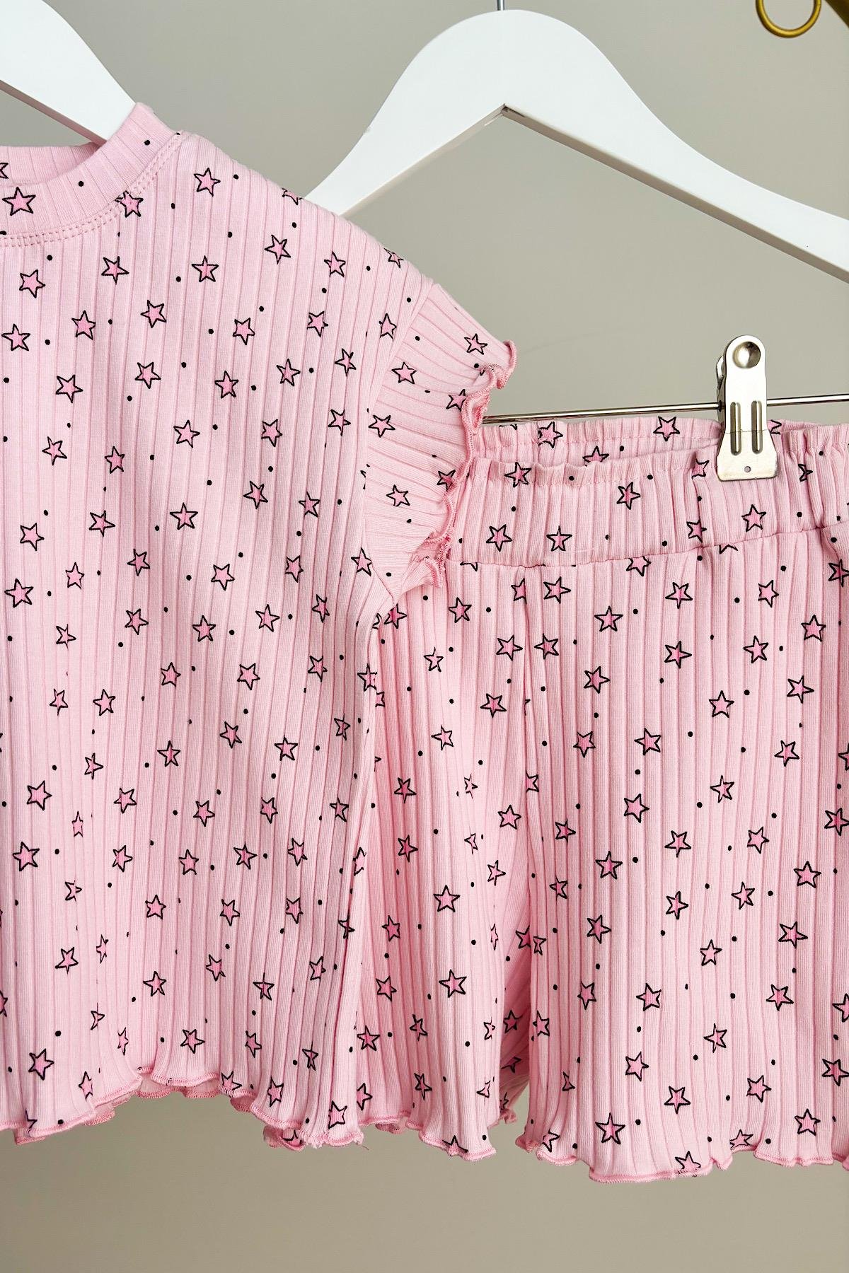 Kız Çocuk Pembe Fitilli Biker Takım