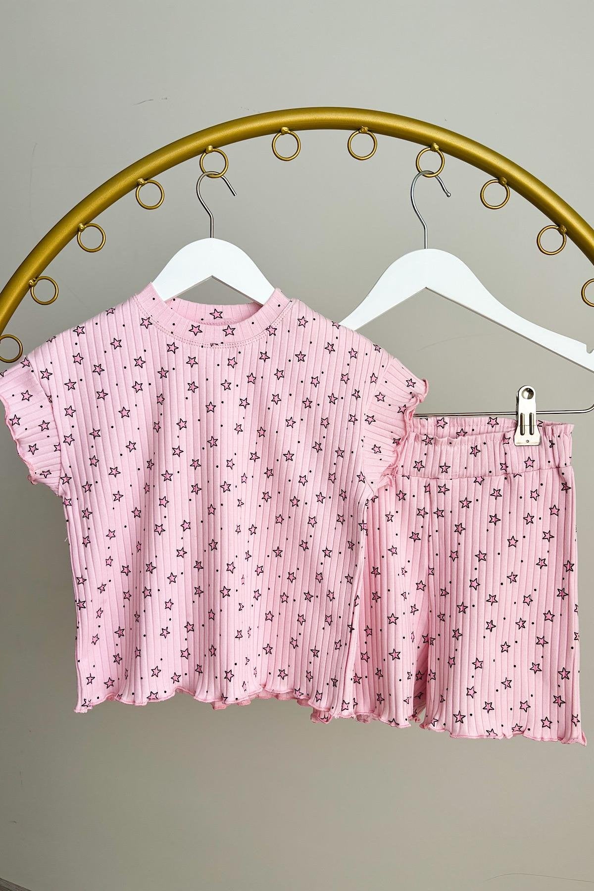 Kız Çocuk Pembe Fitilli Biker Takım