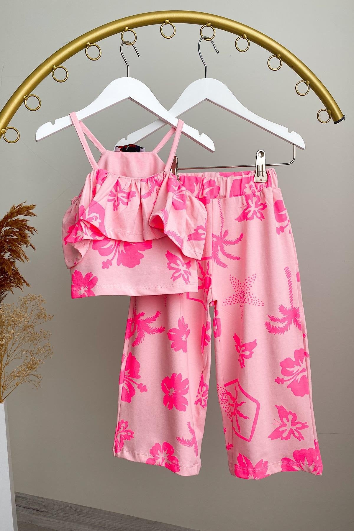 Kız Çocuk Çiçek Desenli Pamuklu Crop Takım