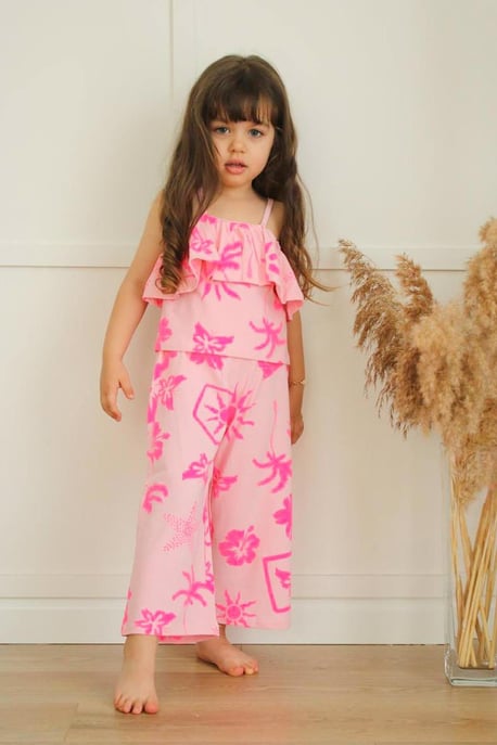 Kız Çocuk Çiçek Desenli Pamuklu Crop Takım