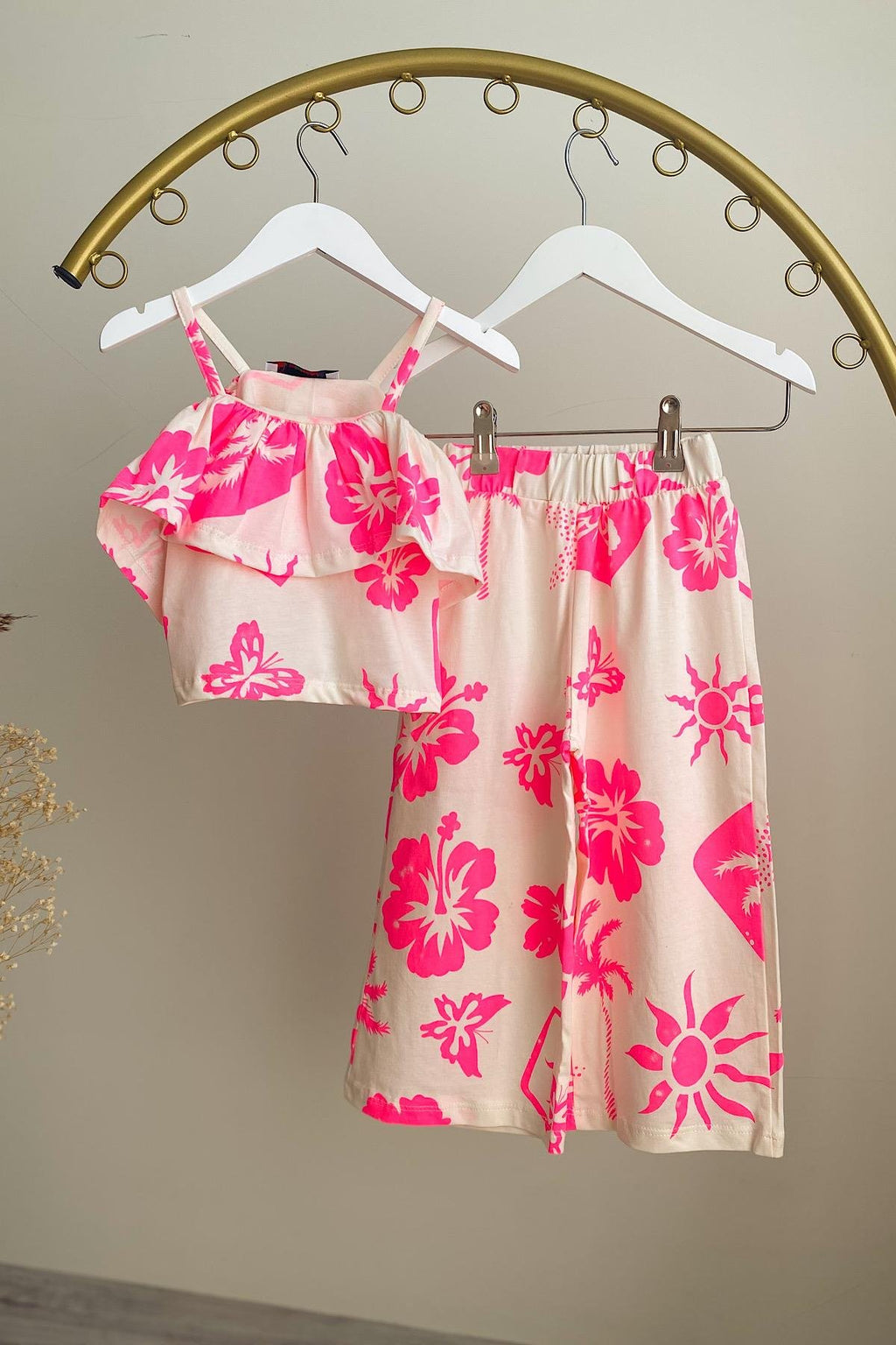 Kız Çocuk Çiçek Desenli Pamuklu Crop Takım