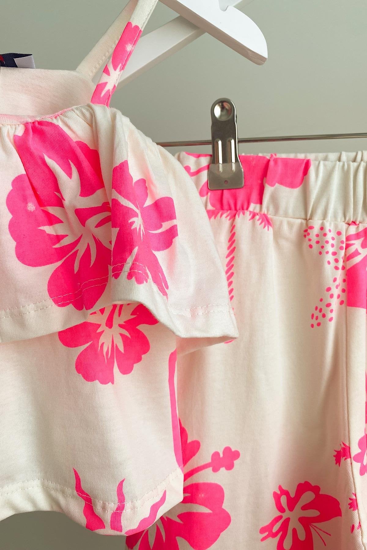 Kız Çocuk Çiçek Desenli Pamuklu Crop Takım