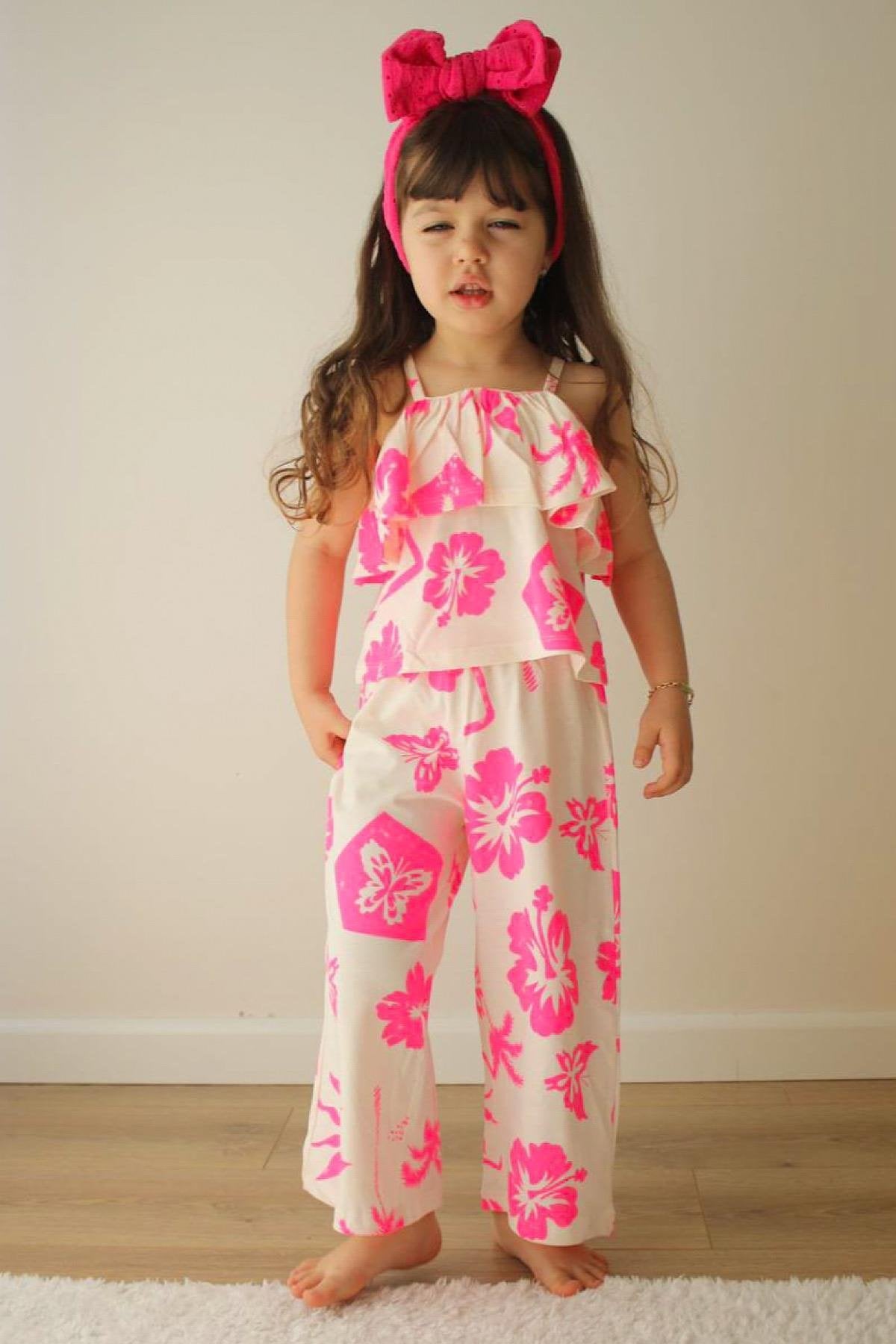 Kız Çocuk Çiçek Desenli Pamuklu Crop Takım