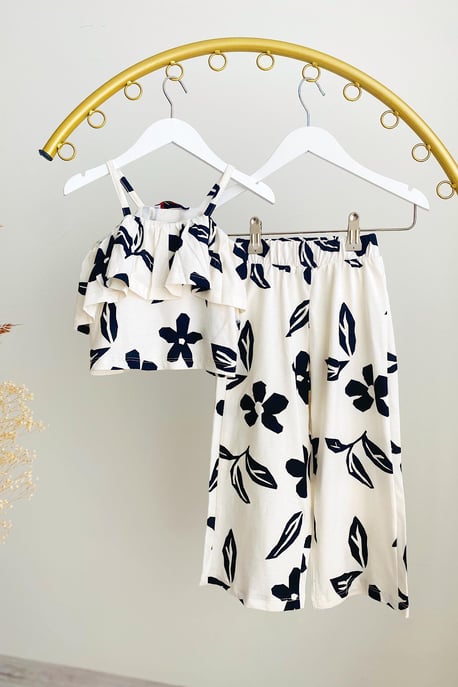 Kız Çocuk Çiçek Desenli Pamuklu Crop Takım