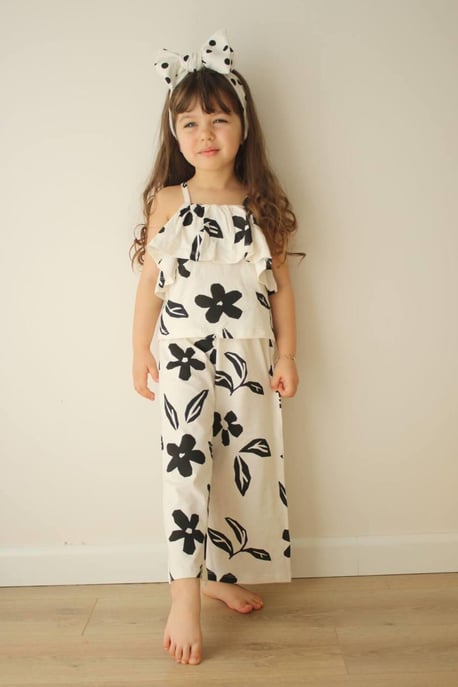Kız Çocuk Çiçek Desenli Pamuklu Crop Takım