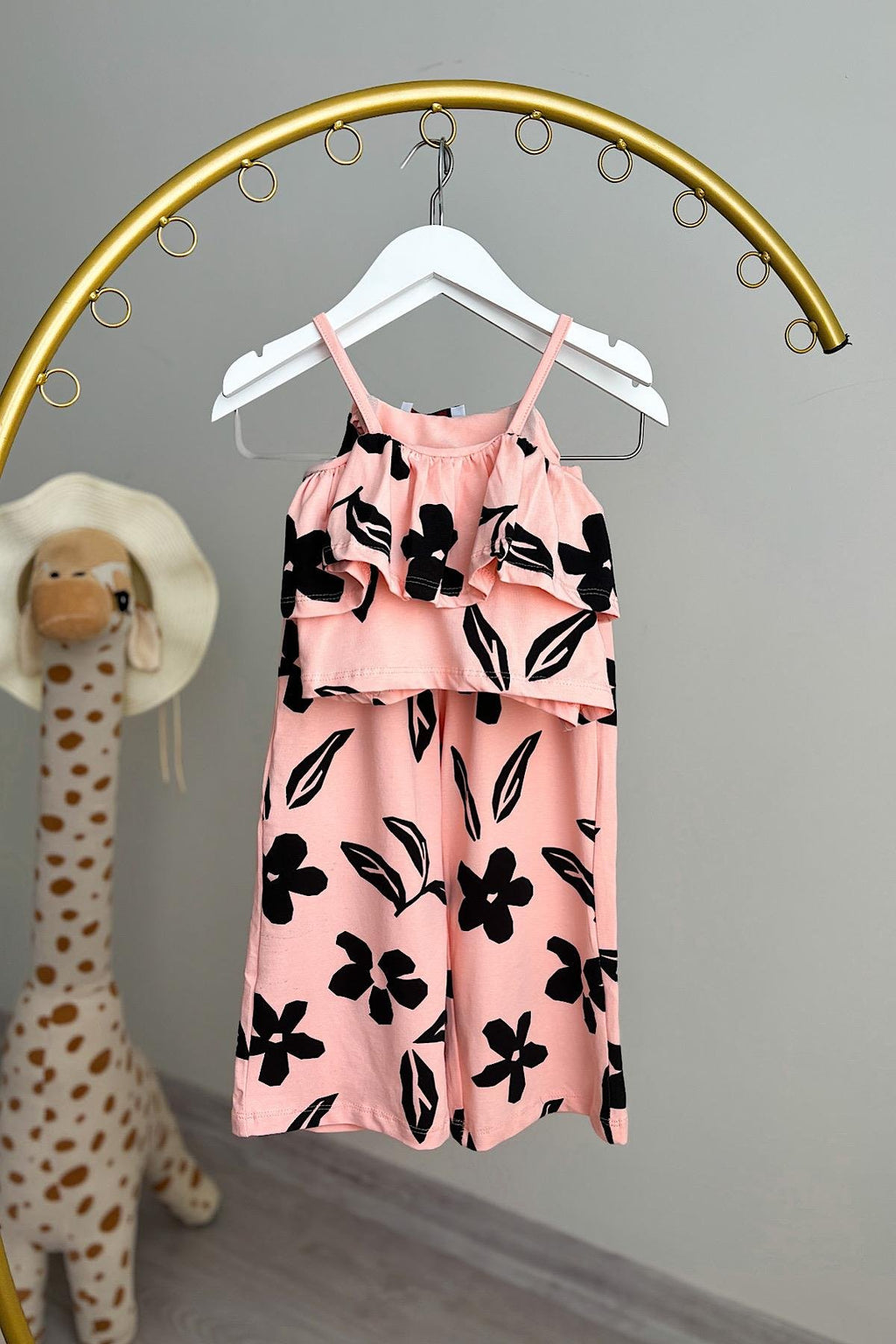 Kız Çocuk Çiçek Desenli Pamuklu Crop Takım