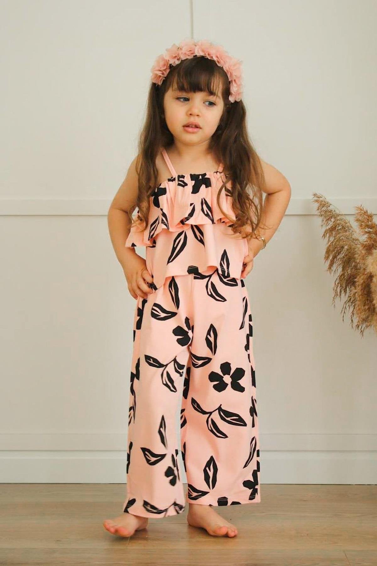 Kız Çocuk Çiçek Desenli Pamuklu Crop Takım