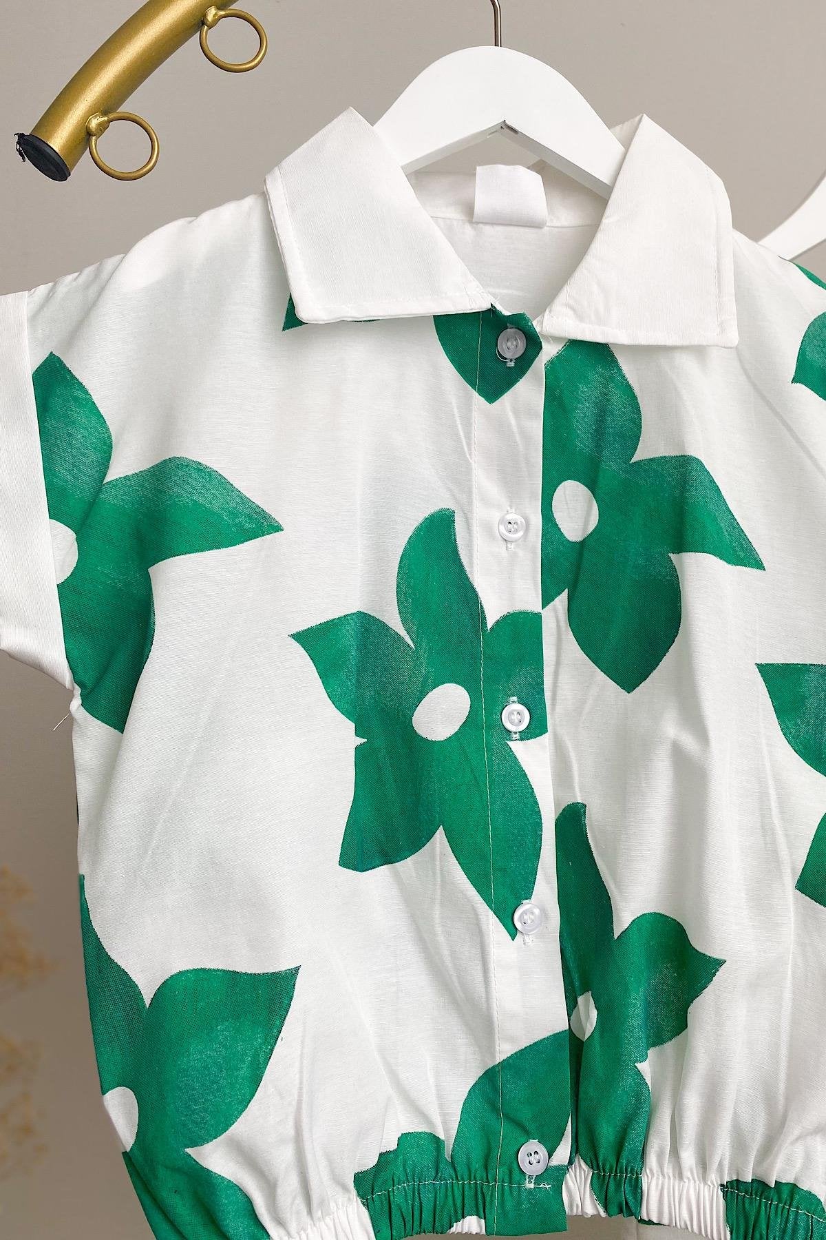 Kız Çocuk Yeşil Çiçek Desenli Gömlek Takım