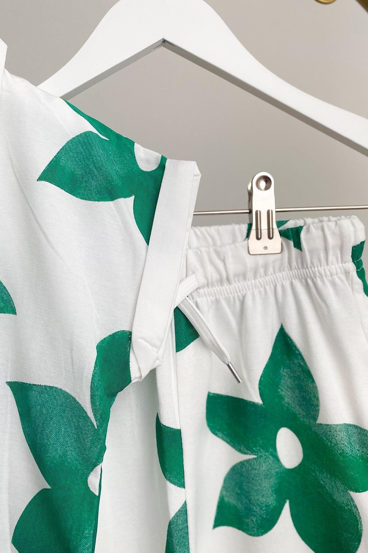 Kız Çocuk Yeşil Çiçek Desenli Gömlek Takım