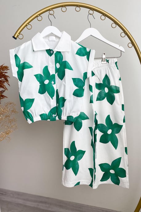 Kız Çocuk Yeşil Çiçek Desenli Gömlek Takım