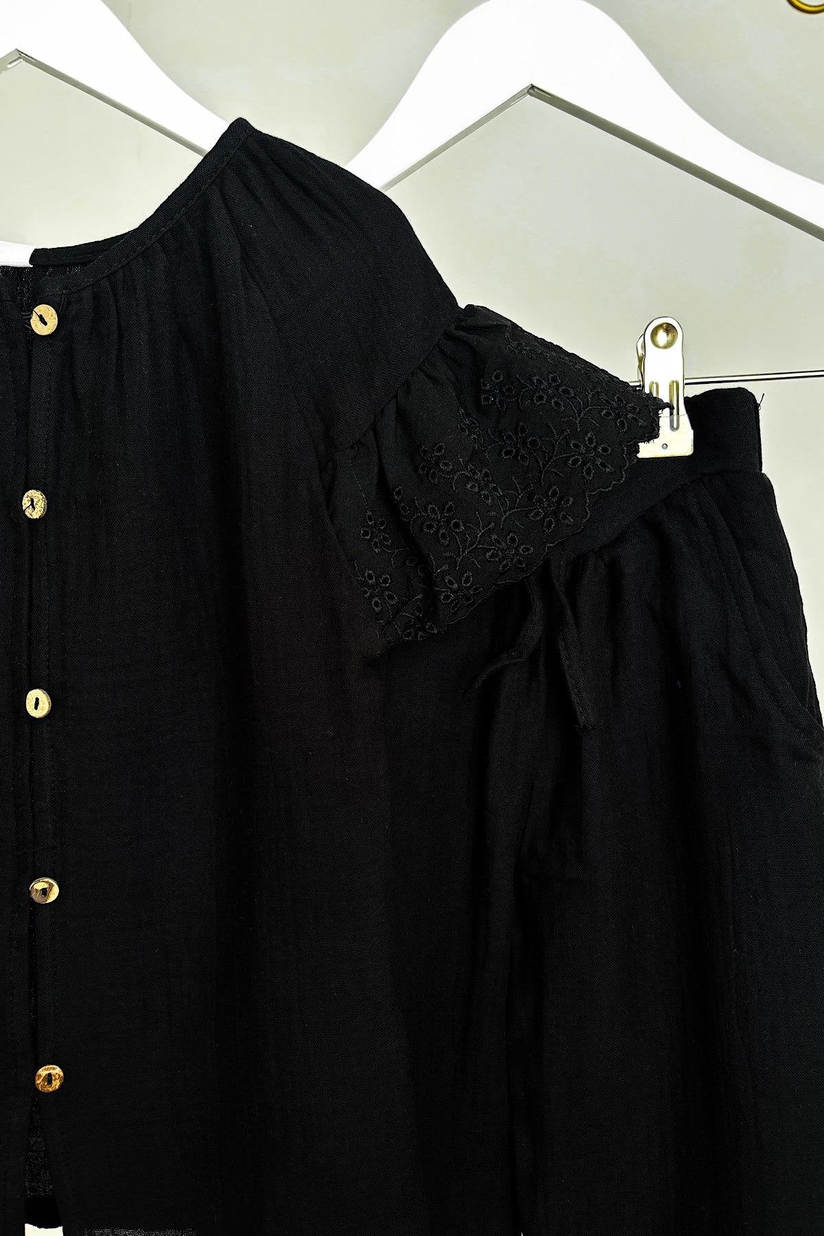 Kız Çocuk Siyah Fisto Detay Müslin Takım