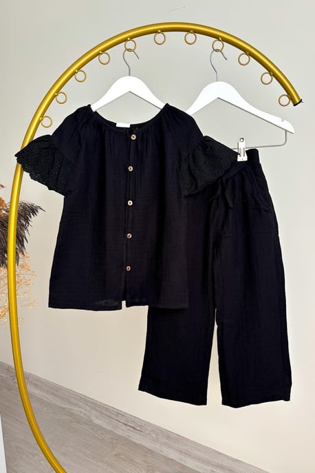 Kız Çocuk Siyah Fisto Detay Müslin Takım