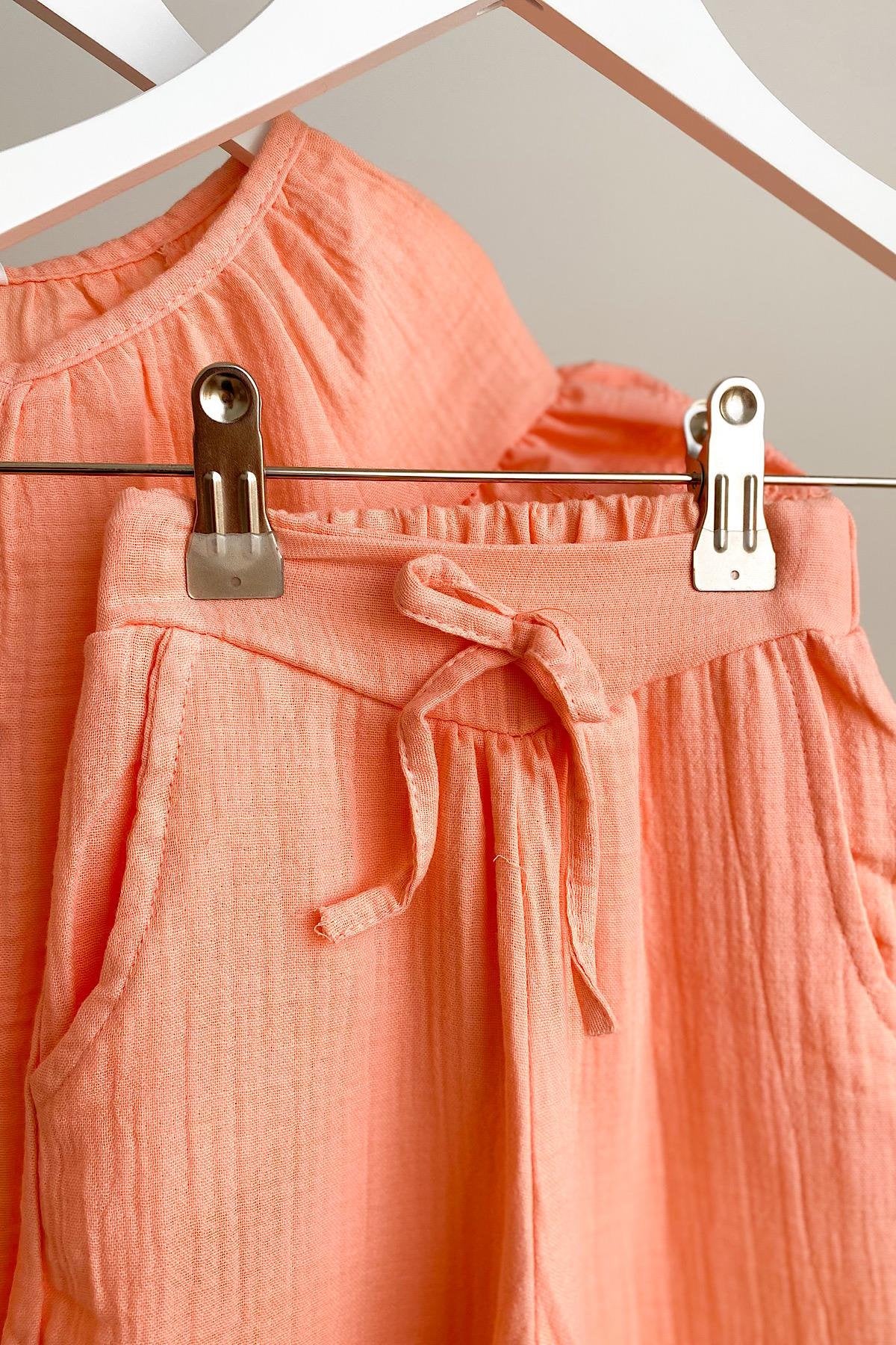 Kız Çocuk Somon Fisto Detay Müslin Takım