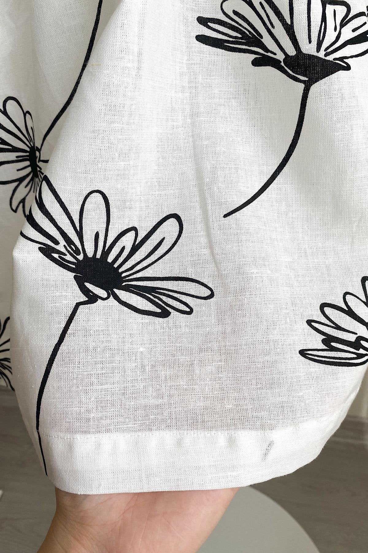 Kız Çocuk Ekru Çiçek Desenli Dokuma Elbise