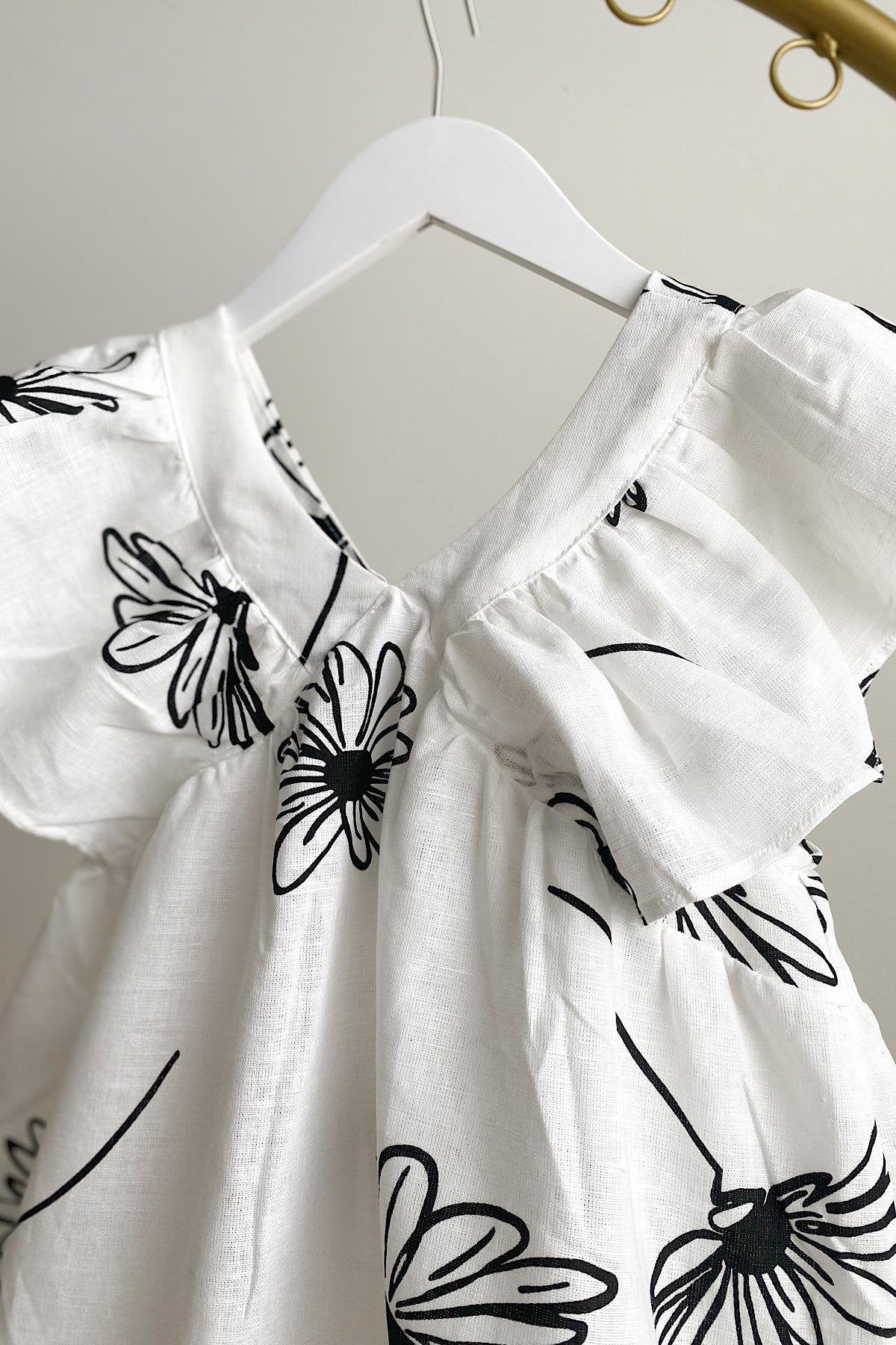 Kız Çocuk Ekru Çiçek Desenli Dokuma Elbise