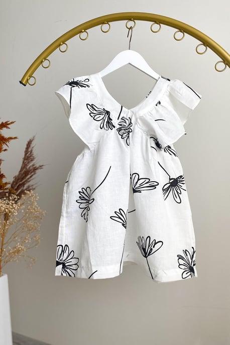 Kız Çocuk Ekru Çiçek Desenli Dokuma Elbise