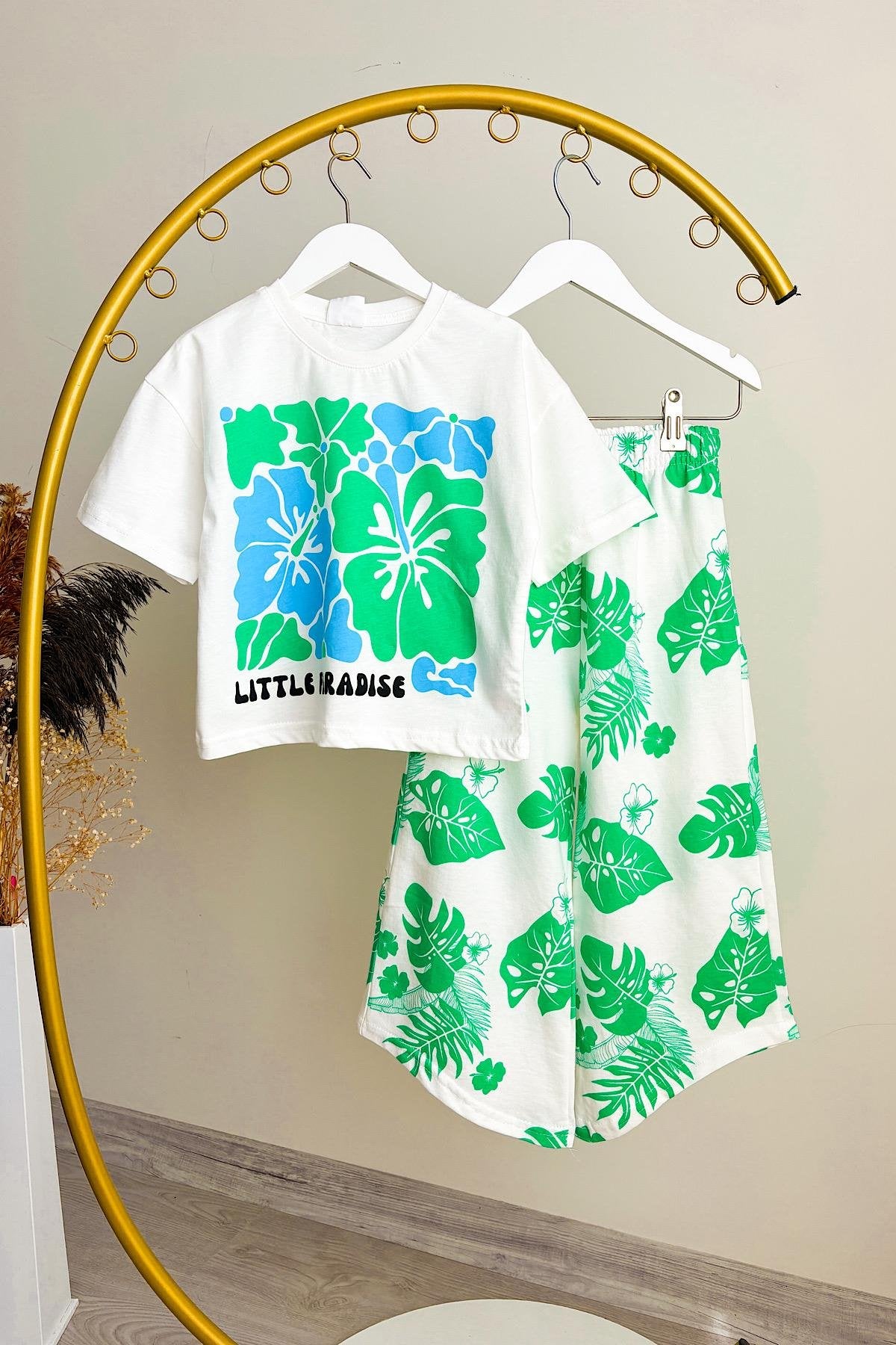 Kız Çocuk Yeşil Çiçek Desenli Takım