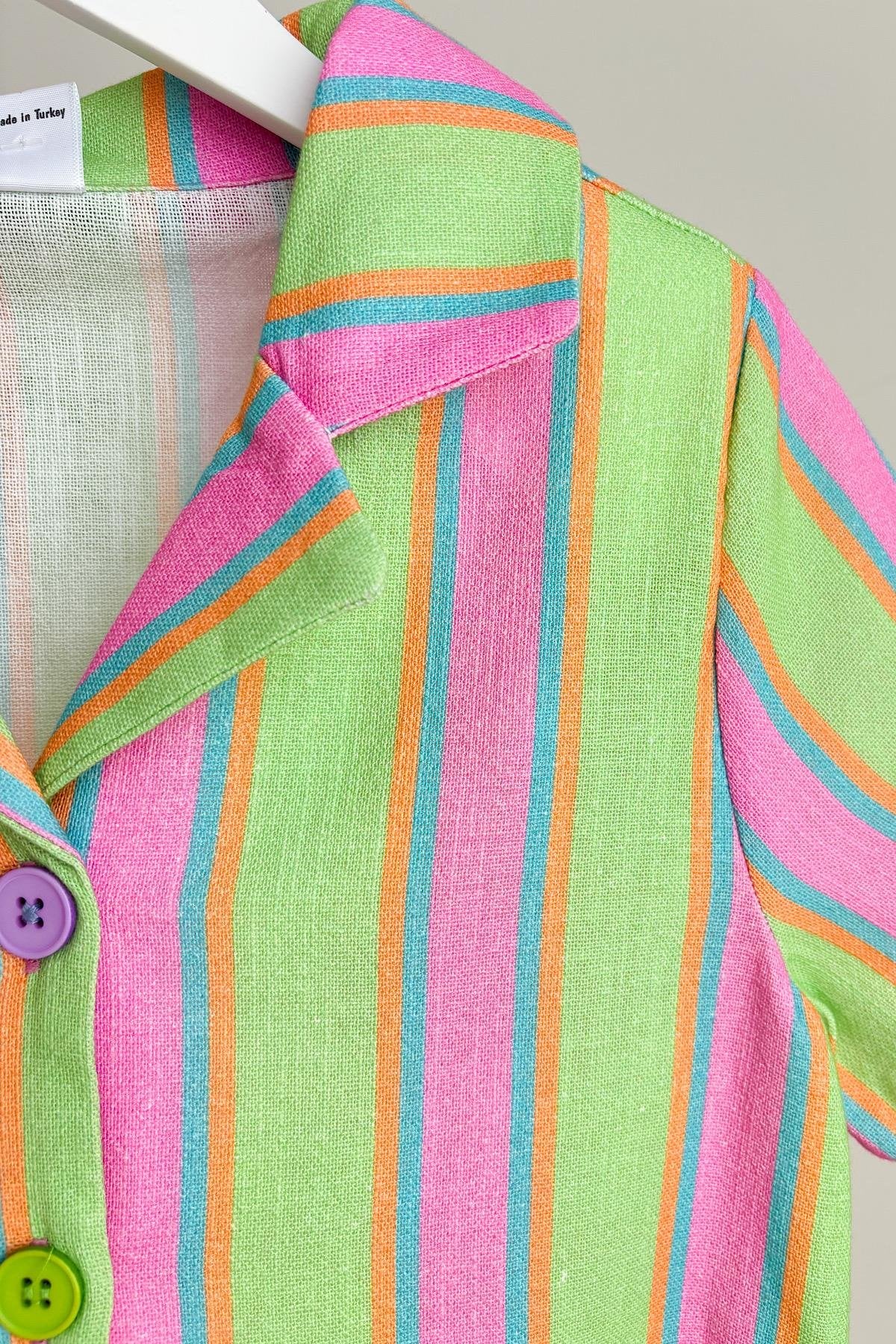 Kız Çocuk Çizgili Keten Gömlek Ceket