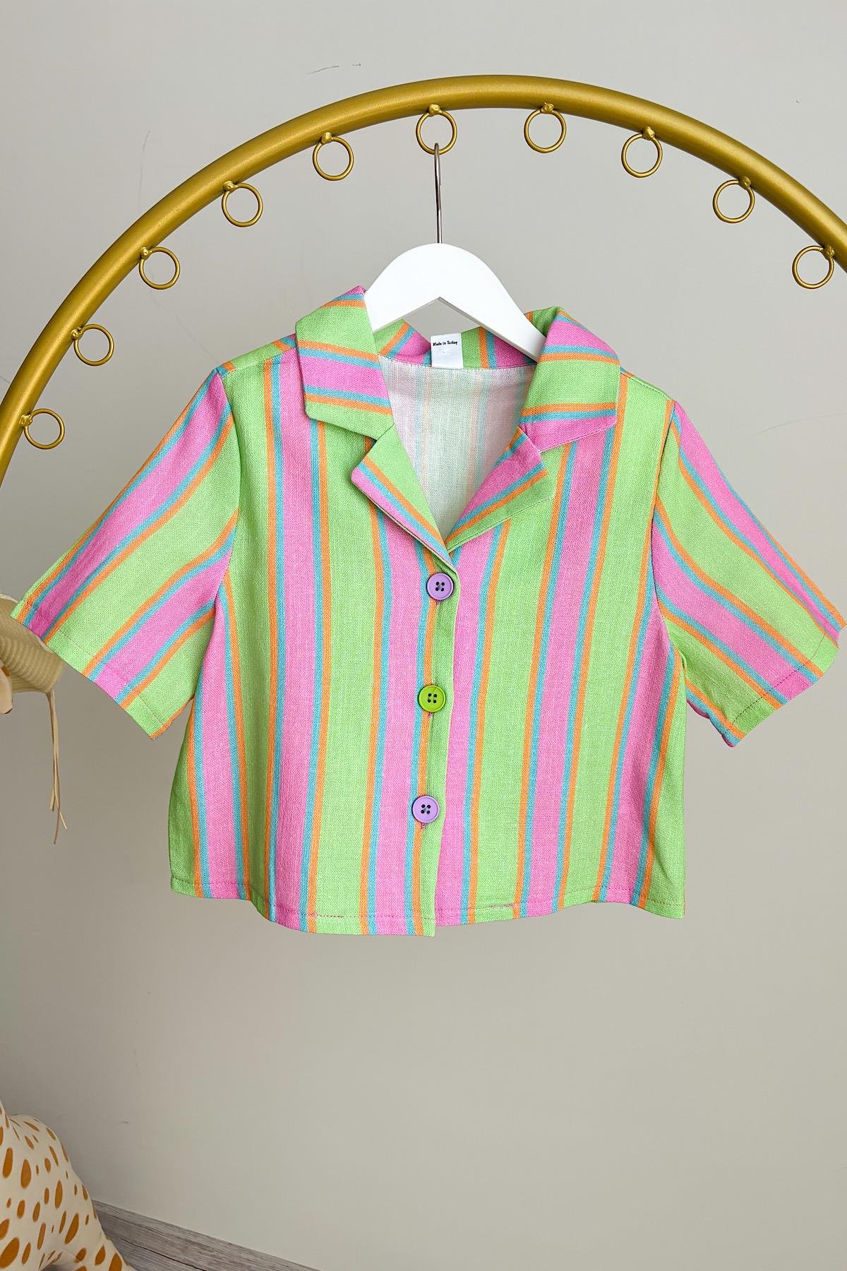 Kız Çocuk Çizgili Keten Gömlek Ceket