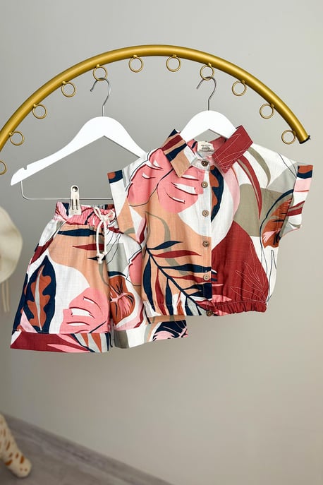 Kız Çocuk Yaprak Desenli Dokuma Takım